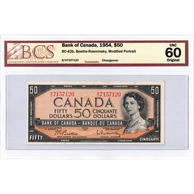 SOLD $50 1954 Bank of Canada Note Beattie-Rasminsky B/H Prefix BC-42b - BCS UNC-60
