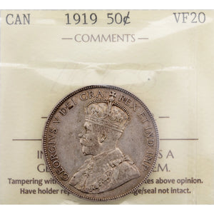 SOLD Canada 1919 50 Cents Half Dollar Silver Coin - ICCS VF-20