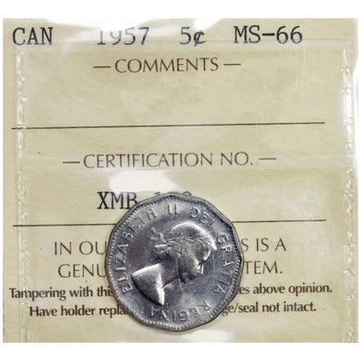 Canada 1957 5 Cents Nickel Coin - ICCS MS-66