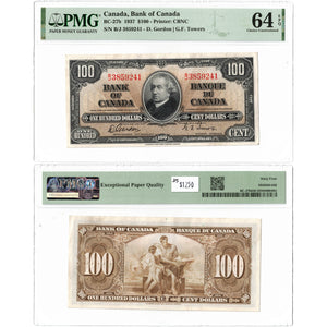 SOLD $100 1937 Bank of Canada Note Gordon-Towers B/J Prefix BC-27b - PMG UNC-64 EPQ