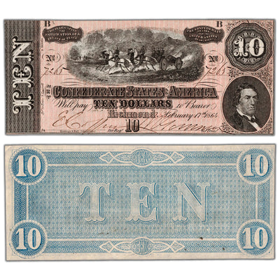 United States 1864 Confederate States of America $10 Ten Dollars Note - AU/UNC