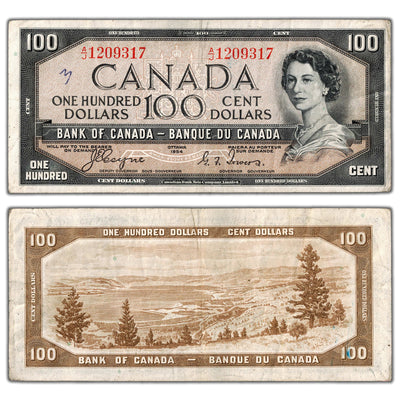 $100 1954 Bank of Canada Note Devil Face A/J Prefix BC-35a - Minor Writing