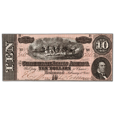 United States 1864 Confederate States of America $10 Ten Dollars Note - AU/UNC