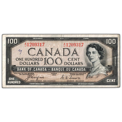 $100 1954 Bank of Canada Note Devil Face A/J Prefix BC-35a - Minor Writing