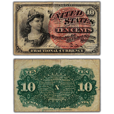United States 1863 10 Cents Fractional Currency Note - Circulated (tear)