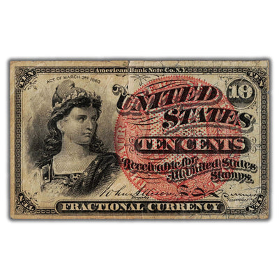 United States 1863 10 Cents Fractional Currency Note - Circulated (tear)