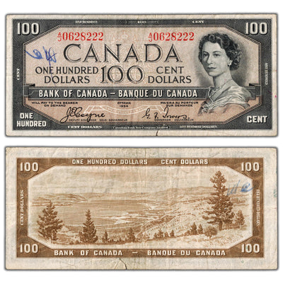 SOLD $100 1954 Bank of Canada Note Devil Face A/J Prefix BC-35a - Writing/Tear