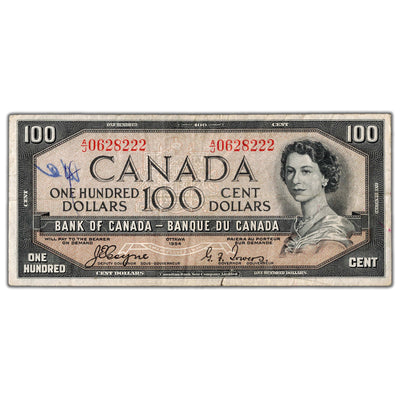 SOLD $100 1954 Bank of Canada Note Devil Face A/J Prefix BC-35a - Writing/Tear