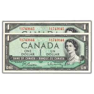 SOLD $1 1954 Bank of Canada Notes E/Y Prefix BC-37b - 2 Consecutive - Lightly Circulated