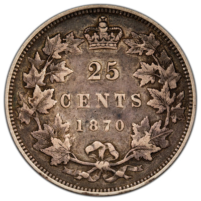 Canada 1870 Obverse #1 25 Cents Quarter Silver Coin - Very Fine