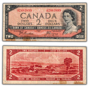 SOLD $2 1954 Bank of Canada Note Devil Face I/B Changeover Prefix BC-30b - Stained