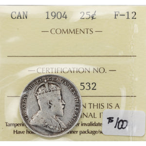 SOLD Canada 1904 25 Cents Quarter Silver Coin - ICCS F-12
