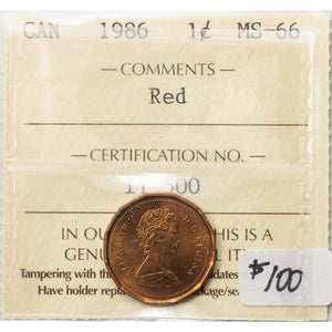 SOLD Canada 1986 1 Small Cent Coin - ICCS MS-66 Red