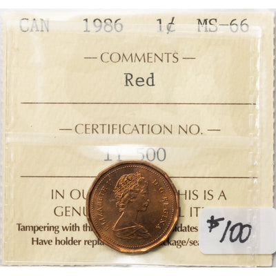SOLD Canada 1986 1 Small Cent Coin - ICCS MS-66 Red