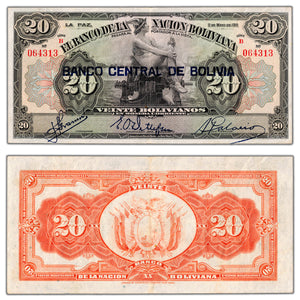 Bolivia 1911 (1929) 20 Bolivianos Note Overprint P #115a - VF/EF