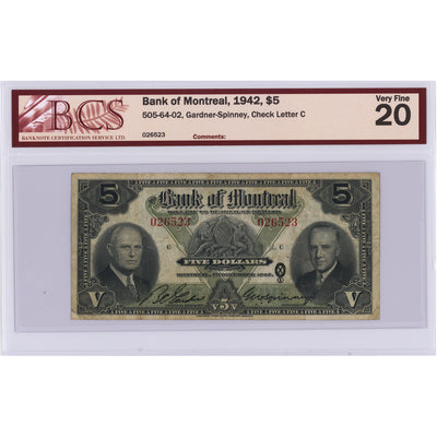 SOLD $5 1942 Bank of Montreal Canada Chartered Note #505-64-02 - BCS VF-20