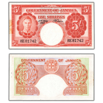 SOLD Jamaica 1957 5 Five Shillings Note P #37b - UNC (staple hole/tape)