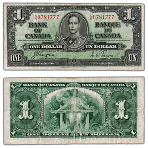 SOLD $1 1937 Bank of Canada Note Coyne-Towers N/N Prefix BC-21d - F/VF (tears)