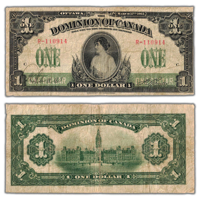 SOLD $1 1917 Dominion of Canada Note No Seal Series R DC-23a-ii - Fine (trimmed)