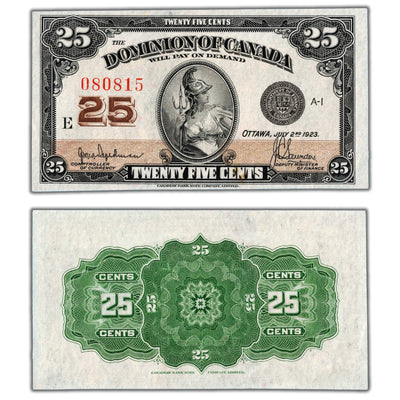 SOLD 25 Cents 1923 Dominion of Canada Shinplaster Note DC-24b - AU+ (residue)