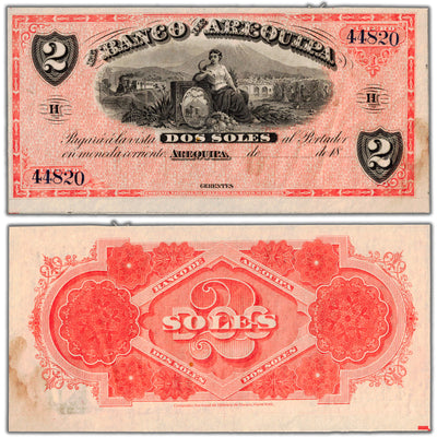 SOLD Peru El Banco de Arequipa 1870's 2 Soles Remainder Note P #S118 - VF+ (stain)
