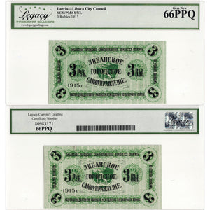 Latvia Libava City Council 1915 3 Rubles Note - Legacy Gem UNC-66 PPQ