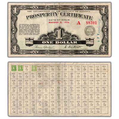 SOLD $1 1936 Alberta Prosperity Certificate Note A-1 - 3 Stamps  - Tear