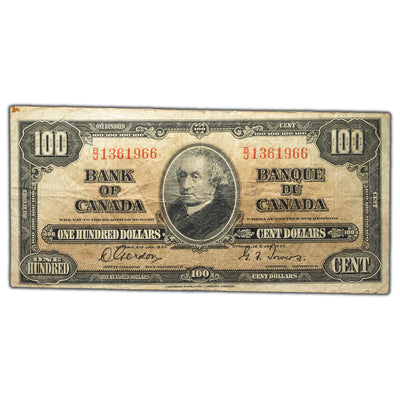 SOLD $100 1937 Bank of Canada Note Gordon-Towers B/J Prefix BC-27b - Minor Writing