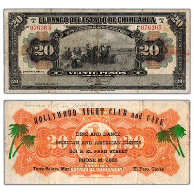 SOLD Mexico Estado De Chihuahua 1913 20 Pesos Note P #S134a - Hollywood Night Club Cafe Advertisement
