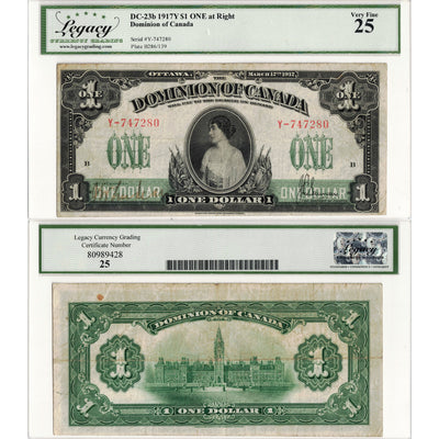 SOLD $1 1917 Dominion of Canada Note Saunders ONE at Right Series Y DC-23b - Legacy VF-25