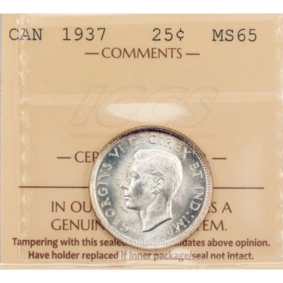 Canada 1937 25 Cents Quarter Silver Coin - ICCS MS-65