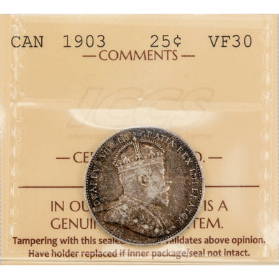 Canada 1903 25 Cents Quarter Silver Coin - ICCS VF-30