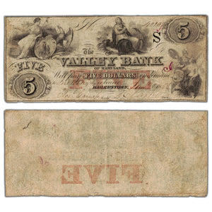 SOLD United States 1855 The Valley Bank MD $5 Five Dollars Obsolete Note - Pinholes