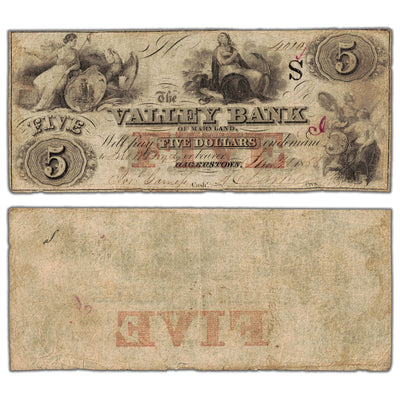 United States 1855 The Valley Bank MD $5 Five Dollars Obsolete Note - Pinholes