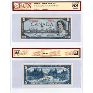 SOLD $5 1954 Bank of Canada Note Bouey-Rasminsky S/X Prefix BC-39c - BCS AU-58