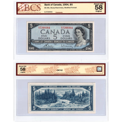 SOLD $5 1954 Bank of Canada Note Bouey-Rasminsky S/X Prefix BC-39c - BCS AU-58