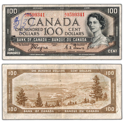 SOLD $100 1954 Bank of Canada Note Devil Face A/J Prefix BC-35a - Writing
