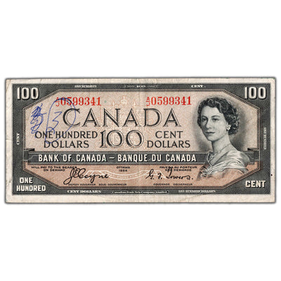 SOLD $100 1954 Bank of Canada Note Devil Face A/J Prefix BC-35a - Writing