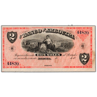 SOLD Peru El Banco de Arequipa 1870's 2 Soles Remainder Note P #S118 - VF+ (stain)