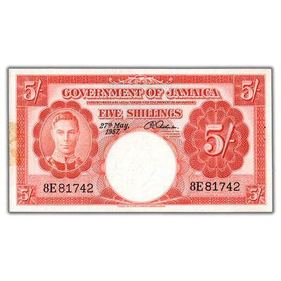 SOLD Jamaica 1957 5 Five Shillings Note P #37b - UNC (staple hole/tape)