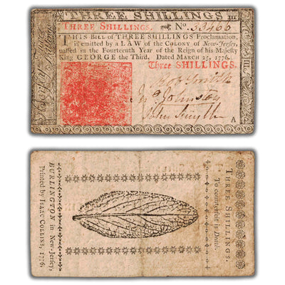 SOLD United States New Jersey 1776 3 Three Shillings Colonial Note NY #177 - Pinholes