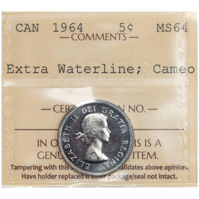 Canada 1964 XWL 5 Cents Nickel Coin - ICCS MS-64 Cameo