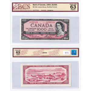 SOLD $1000 1954 Bank of Canada Note Lawson-Bouey A/K Prefix BC-44d - BCS UNC-63