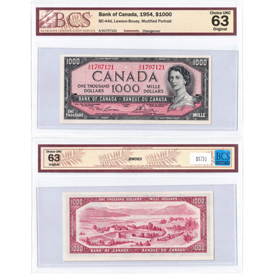 SOLD $1000 1954 Bank of Canada Note Lawson-Bouey A/K Prefix BC-44d - BCS UNC-63