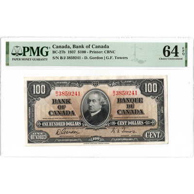 SOLD $100 1937 Bank of Canada Note Gordon-Towers B/J Prefix BC-27b - PMG UNC-64 EPQ