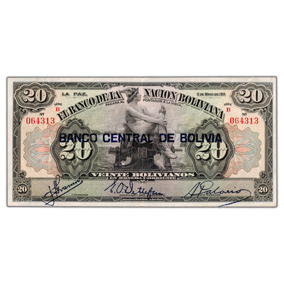 Bolivia 1911 (1929) 20 Bolivianos Note Overprint P #115a - VF/EF