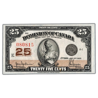 SOLD 25 Cents 1923 Dominion of Canada Shinplaster Note DC-24b - AU+ (residue)
