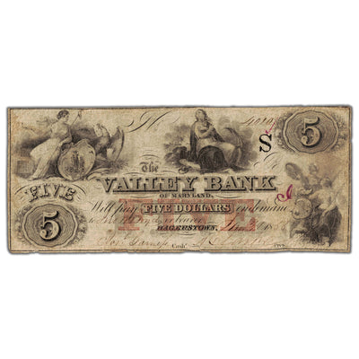 United States 1855 The Valley Bank MD $5 Five Dollars Obsolete Note - Pinholes