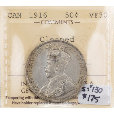 SOLD Canada 1916 50 Cents Half Dollar Silver Coin - ICCS VF-30 (cleaned)