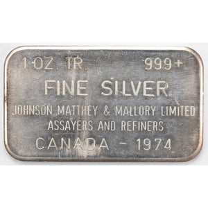 SOLD Johnson Matthey Mallory JM&M 1oz .999 Fine Silver Bar - Dated 1974